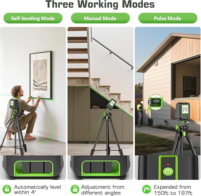 Laser Level with 60in Tripod, Huepar 150°/150Ft Self Leveling Lazer Leveler Tool with Pulse Mode (197Ft), Switchable Green Cross Line for Picture Hanging, Tile, DIY/Construction Project