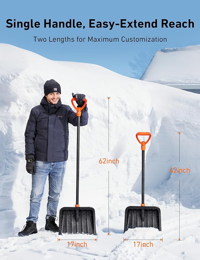 AstroAI 62" Heavy-Duty Snow Shovel for Driveway with Adjustable Ergonomic D-Shape Handle, 17-Inch Wide Snow Shovel for Car with Stainless Steel Blade, Easily Remove Heavy Snow from Driveway, Yard