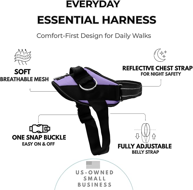 ShawnCo Essential Dog Harness, No-Pull Pet Vest (ICY Lilac,M) | 3 Leash Clips, Easy On, No-Choke, Reflective, Adjustable Fit, Padded Comfort, Control Handle, For Small, Medium & Large Dogs