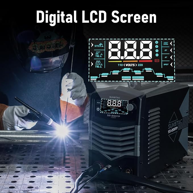 Sunstac 200A TIG Welder with Pulse, 110V/220V Dual Voltage, 3 in 1 DC TIG/Pulse TIG/SPOT TIG/Stick Welding Machine, Digital Screen Display, Over Loading Protection