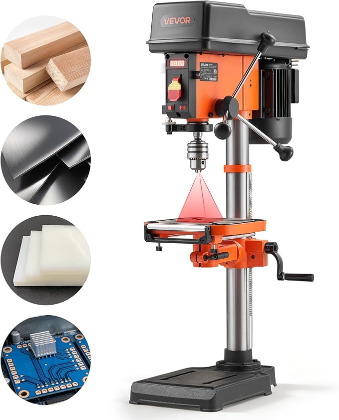 VEVOR 12-Inch Benchtop Drill Press, 6.2 Amp, 1 HP Bench Drill Press, 530 to 3140 RPM Variable Speed, 0-45° Tilting Worktable, with Laser and LED Work Light, Tabletop Drilling Machine, for Wood Metal