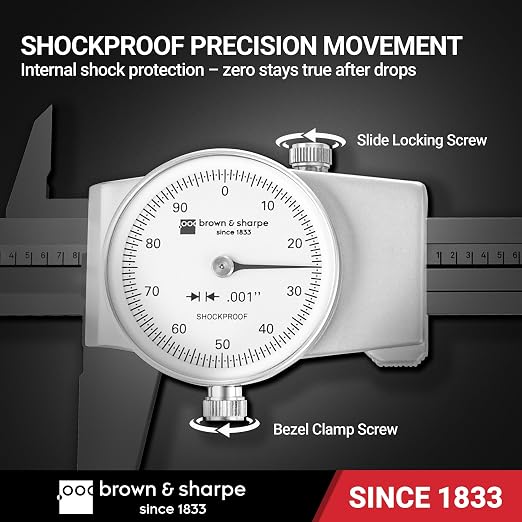 Brown & Sharpe 12-Inch Dial Caliper, Precision Measuring Tool with White High-Contrast Dial,Shock-Protected Stainless Steel Construction, Smooth Slider and Lockting Screw, for Machining & Inspection