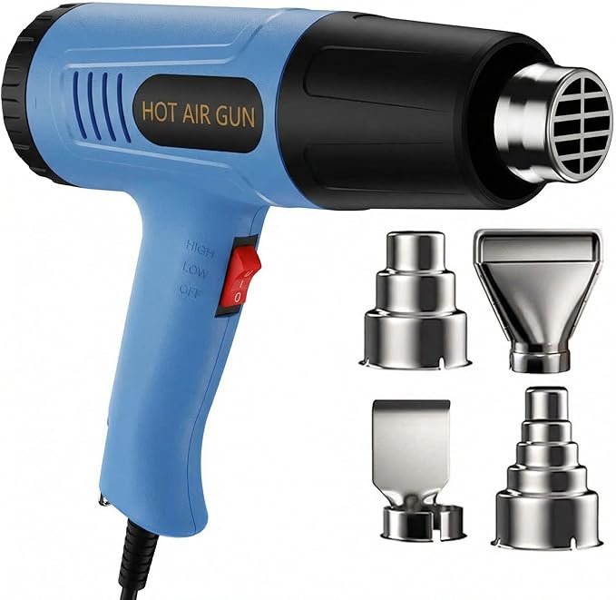 Heat Gun, 572-1112°F Dual Temperature, 2-Speed Switch, 110V with 4Pcs Nozzles, Built-in Overload Protection, 4.9FT Long Cord, for Heat Shrink Tubing, Electronics Repair and Packaging (Standard) (Blue)