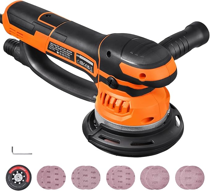 VEVOR Random Orbital Sander, 6-Inch DA & GA Dual Action Orbital Sander, 850W 7400PRM 6 Variable Speed Electric Palm Sander with 10PCS Sandpapers, Dust Connector for Woodworking Detailing Sanding