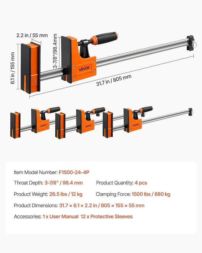 VEVOR Bar Clamps for Woodworking, 4-Pack, 24" Opening F Clamps, 1500 lbs Load Limit, Clamp/Spreader 2 Modes, Soft Rubber Pads, Ergonomic Handle, Carbon Steel Bar, for Wood Working and Metal Working