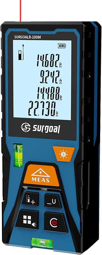 Laser Distance Meter Digital Laser Measuring Tool with LCD Backlit Display, Area Volume Pythagorean, ±2mm Accuracy, Class II, Electronic Tape Measure for DIY Construction – AAA Battery Powered