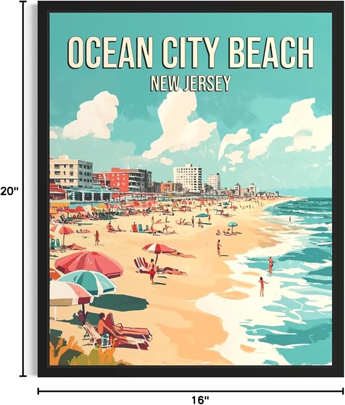 Ocean City Beach New Jersey Wall Art Print Poster, US Vintage Retro Beach Scenery Posters Prints for Restroom Home Picture Painting Artwork Gallery 219 (Ocean City Beach New Jersey, 16 x 20 inches, Black Frame)