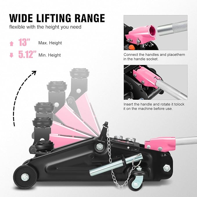 DNA Motoring Floor Jack with Socket and Lock, Low Profile Hydraulic Trolley Jack for Cars Lift, 2 Ton (4000 lbs) Capacity, Lifting Range 5.12"-13", Pink, TOOLS-00677-PK