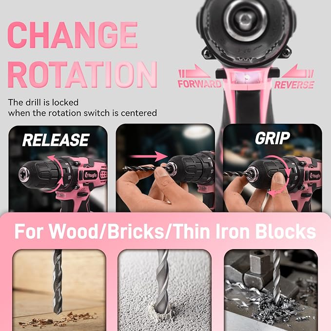 12V Pink Cordless Drill Set 195PCS Hand Tool Combo Kit Small Compact Electric Screwdriver Set Portable Power for Home DIY&Repair Driver Machine with Battery & Charger Gift Box for Women