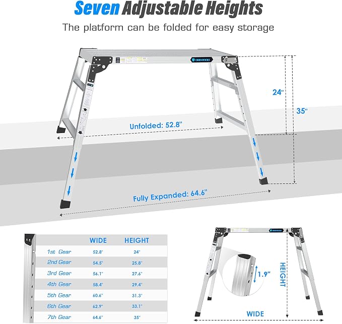 Adjustable Work Platform, 39.4" X 18.5" Portable Folding Aluminum Step Ladder, Scaffolding of Capacity 330 LBS Heavy Duty, 7 Gear Height 24 “-35” (Adjustable, Meet ANSI Standard, SGS-Certified)