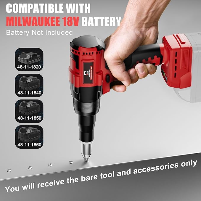 Cerycose Rivet Gun Compatible with Milwaukee 18V Battery, Cordless Rivet Tool with 3 Size (1/8", 5/32", 3/16") Aluminum Rivets, Brushless Motor Rivet Gun Kit Nose Piece, Led Light, Tool Only