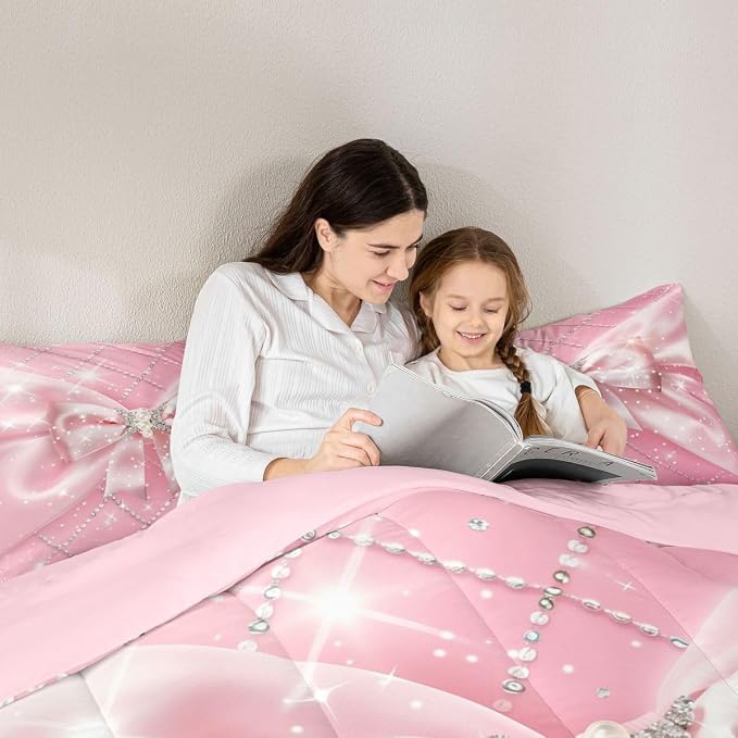 Feelyou Pink Bowknot Comforter Set Queen Size Glitter Bow Bedding Set for Kids Boys Girls Dreamy Princess Duvet Quilt Bedroom Decor Microfiber 3 Pcs with 2 Pillow Cases