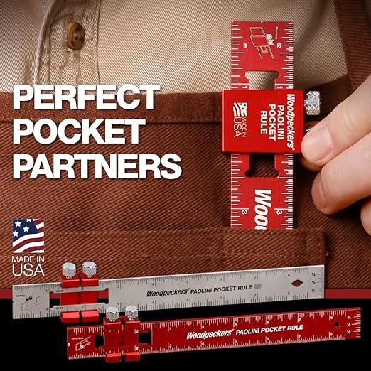 Woodpeckers Paolini Pocket Rule, Stainless Steel, 12" / 300mm Combo, Woodworking Ruler, Sliding Stop, Vertical EndScale, Scribing Notch, Engraved Scale
