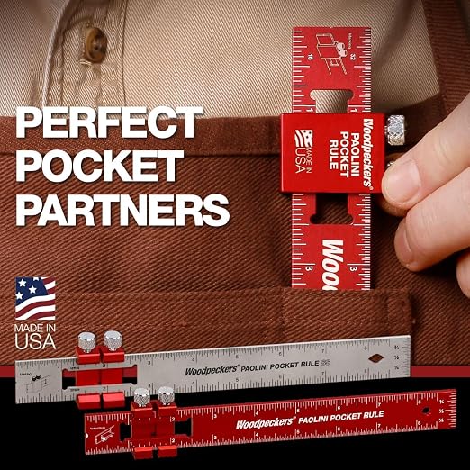 Woodpeckers Paolini Pocket Rule, Aluminum, 6" / 150mm Combo, Woodworking Ruler with Sliding Stop, Vertical End Scale, Scribing Notch, Engraved Scale