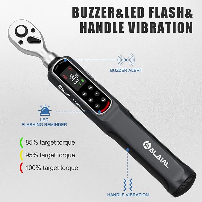 Digital Torque Wrench 3/8 Drive, 0.7-44.3 Ft.Lb ±2% Accuracy | LED Display, Buzzer&Vibration Alert, 2 Modes, 10 Presets&500 Data Logs, for Lug Nuts, Automotive, Motorcycle Repair