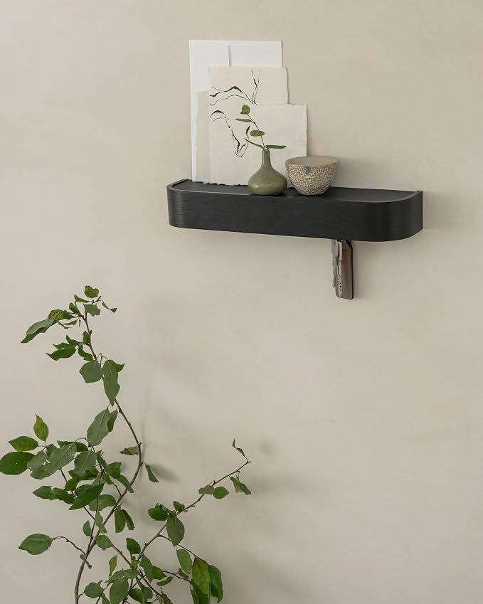 Kazai. Key Holder 'Toke' | Minimalist Key Hook Design from Berlin | Modern Key Holder Wall Mount with Wooden Shelf | Key Rack for Wall as Entryway Organizer | Oak, Black