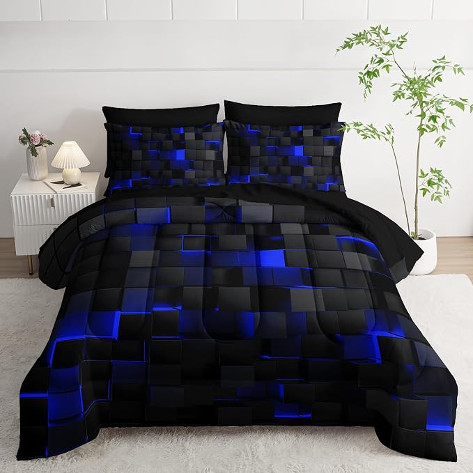 Nttopship Geometric Blue Black Queen Comforter Set,Light Honeycomb Bedding Set 7 Piece in A Bag,Bed Sheet Set Geometry Decor,Microfiber Lightweight All Season
