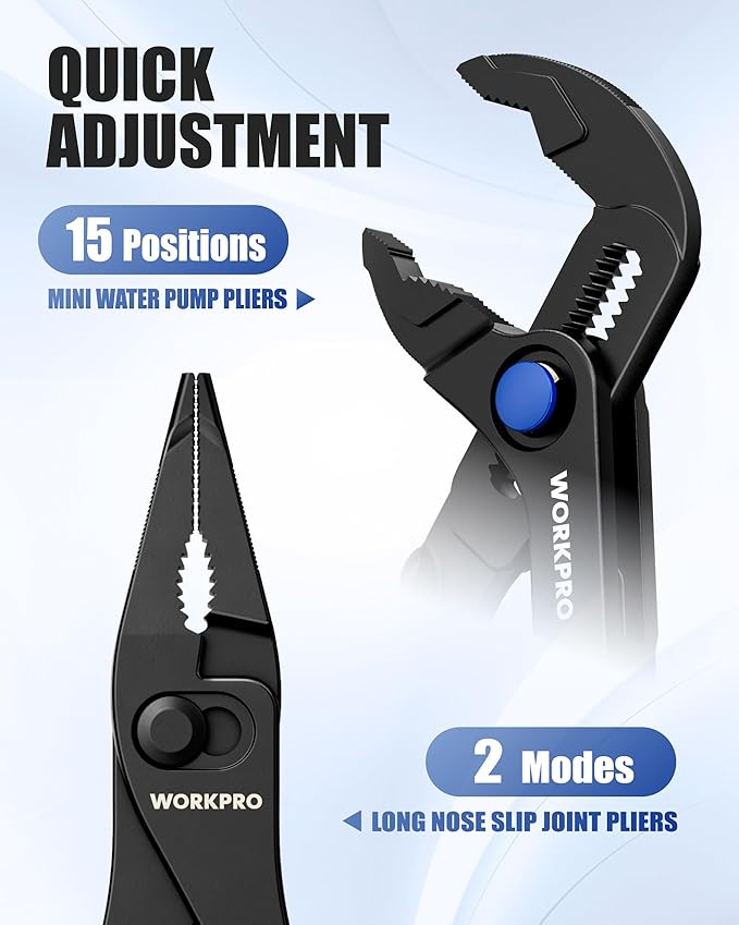 WORKPRO 2-Piece Mini Pliers Set with Pouch, 4-Inch Water Pump Plier & 4.5-Inch Long Nose Slip Joint Plier, Heavy-Duty Alloy Steel Mini Adjustable Plier, EDC Pliers for Tight Spaces & Versatile Use