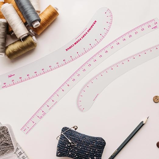 KEARING 24inch French Curve Ruler for Pattern Making, Vary Form Curve Ruler for Sewing, Sandwich Line Scale, Clear Hip Measuring Curve Transparent Fashion Designer's Ruler