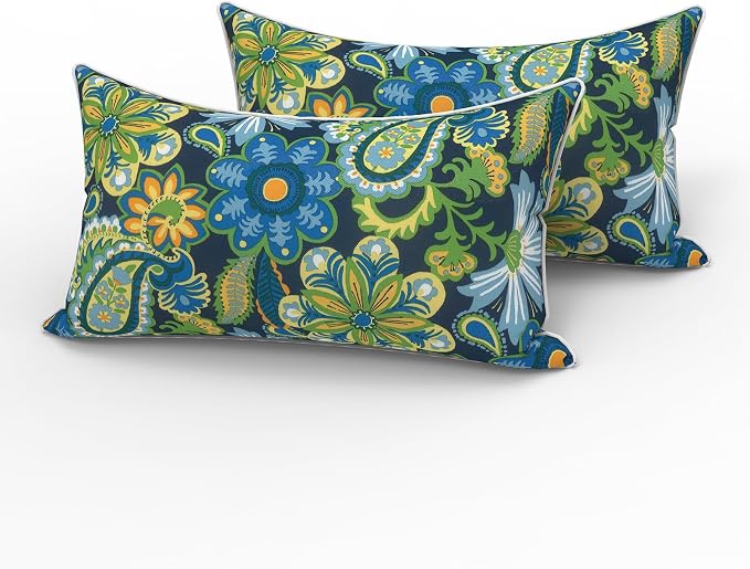 LVTXIII 2 Pack Outdoor Lumbar Pillows 12x20 Inch with White Piping, Fade Resistant Support Throw Pillows with Inserts for Patio Furniture, Sofa, Chair, Bohemian Azure
