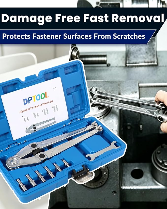 DPTOOL Adjustable Pin Spanner Wrench Set Pulley Holder Tool Set | PW-100 Style 18-98mm Universal Double Pin Wrench Heavy Duty Steel Wrench Tool for Bearings, Pulleys and Lock Nuts