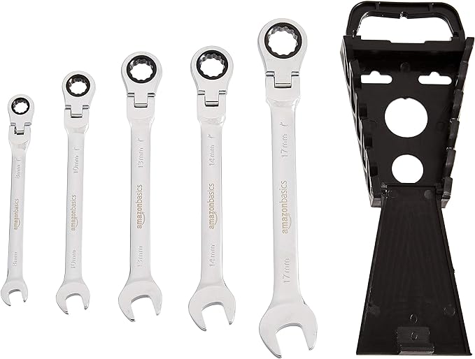 Amazon Basics 72-Tooth Ratcheting Combination Wrench Set, Chrome Vanadium Steel Flex Head, 5-Piece Metric, 180° Flexible