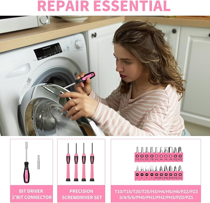 HANGYING 39 Piece Pink Tool Set for Women, All Purpose Household Hand Tool Kit with Plastic Storage Box, Small Tool kit for Home Garage Office College Dorm