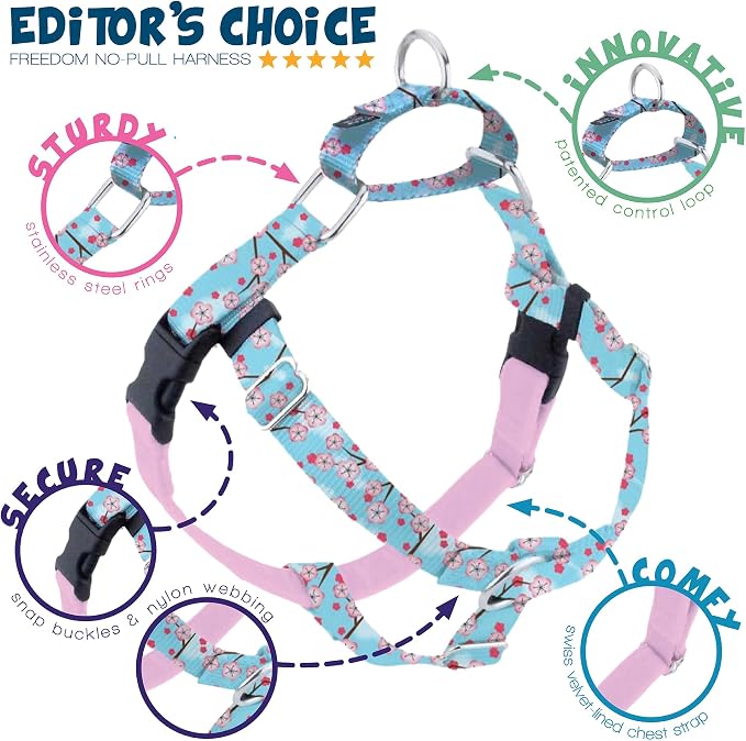 2 Hounds Design - Freedom No-Pull Harness & Training Leash in Pink and Blue | Dual Leash Loops, No Pulling on Walks | Lined to Prevent Chaffing | for Large Sized Dogs (Size M, Chest 24”- 28”)