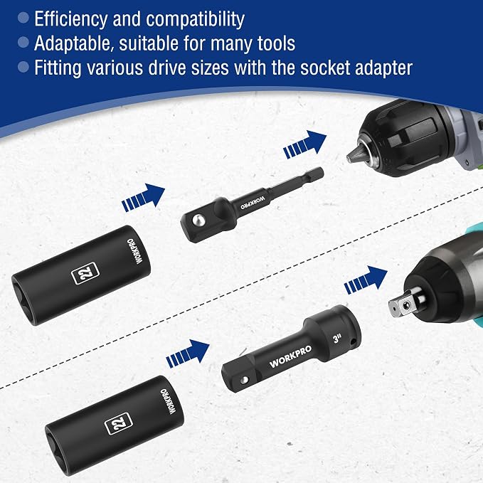 WORKPRO 20-Piece 1/2＂ Drive Deep Impact Socket Set, Metric | 6-Point, Cr-V Steel, 10-27mm, Universal Joint, Adapter and Extension Bar, Automotive Repair, Garage Tools