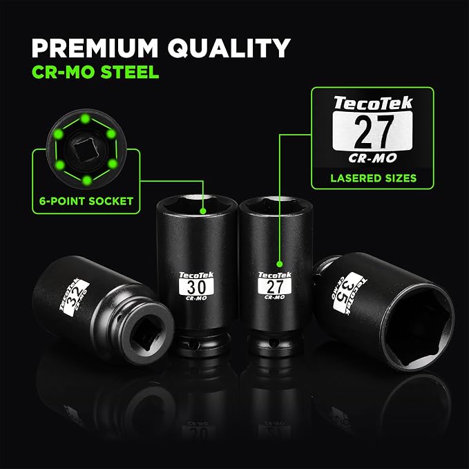 TecoTek 1/2" Drive Deep 6-Point Impact Socket Set, 13-Piece Spindle Axle Nut Impact Socket Set, Cr-Mo, Metric (17mm to 41mm), Enhanced Storage Case