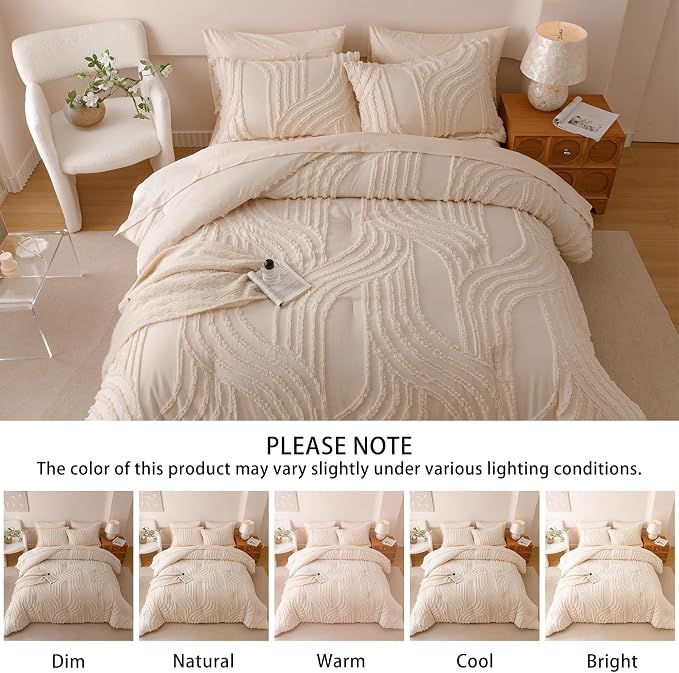 Nttopship Beige Twin Comforter Set - 7 Pieces Bed in a Bag, Premium Comforters Twin Size Bed Set Tufted Shabby Chic Bedding Comforter Set with Flat Sheet, Fitted Sheet and Pillowcases,Beige