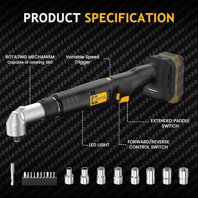 Cordless Right Angle 1/2'' Impact Wrench + 1/4''Driver fit for DeWALT 20v Max Battery 6 Variable Speeds 360 Degree Adjustable Head For Auto Service Plumbing & DIY Projects(Battery not included)