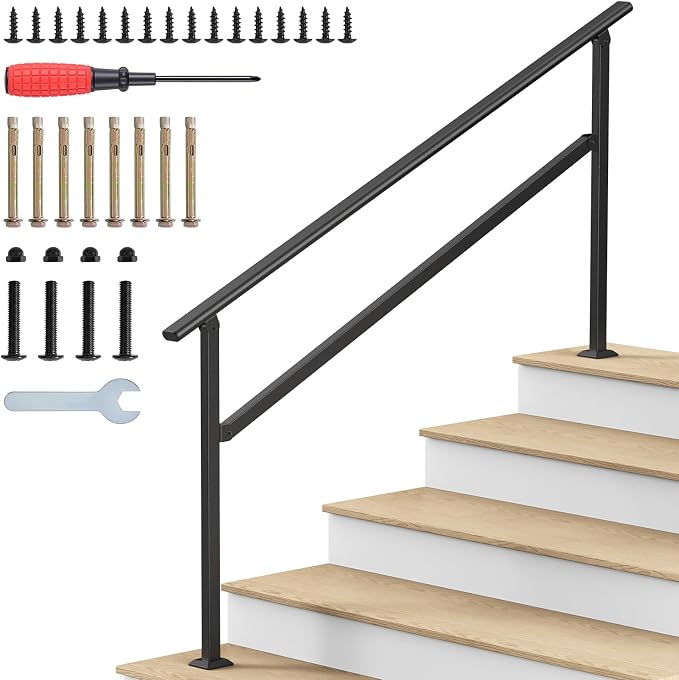 Hand Rails for Outdoor Steps 2-5 Steps Wrought Iron Handrails | Stair Railing for Porch, Home, Garden, Indoor, Staircase Handrails for Wooden, Cement, Brick, Marble (5 Steps)
