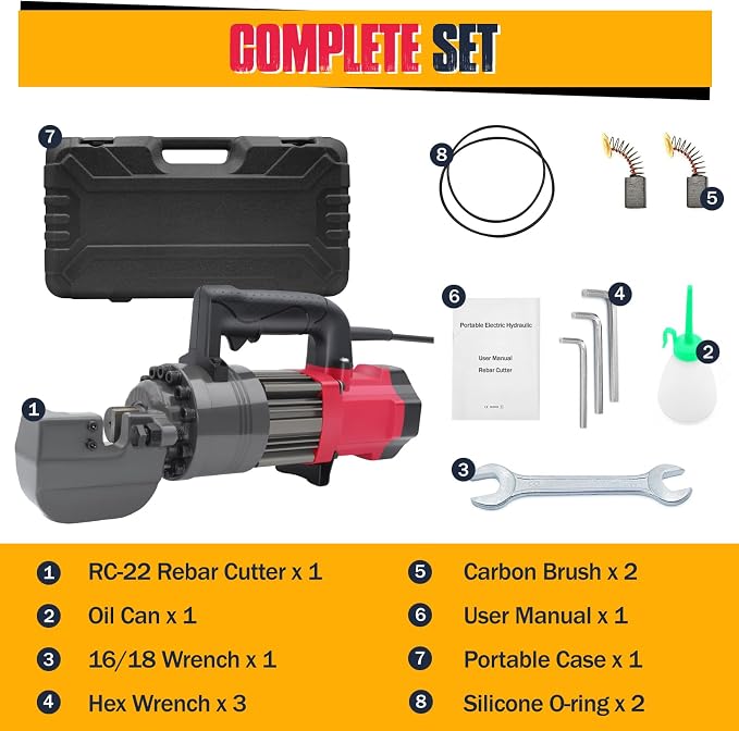 7/8 inch Electric Hydraulic Rebar Cutter 1400W, Portable Rebar Cutter 2-3s Cutting Speed Cuts 4-22mm #7 3/8" 5/8" up to 0.87" Rebar/Steel within 2-3s, RC-22