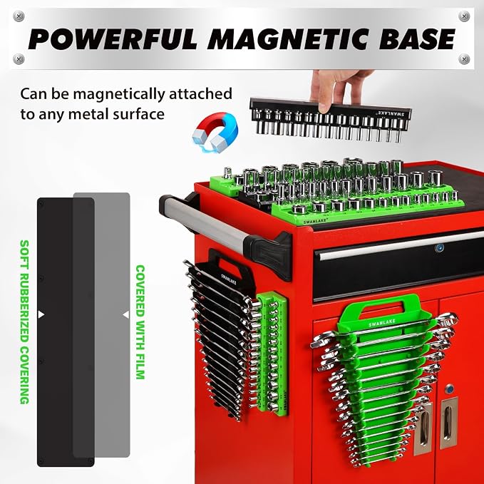 10-Piece Magnetic Socket and Wrench Organizer Set, 1/4", 3/8", 1/2" Drive Metric SAE Socket Organizer, Magnetic Wrench Holder 30 Slots Total, Tool Box Organizers (Sockets Wrenches not Included)