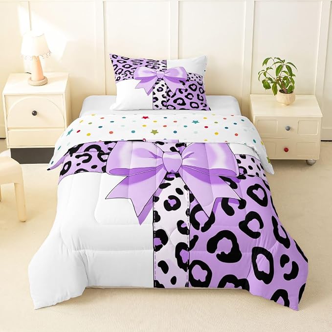Feelyou Leopard Print Bedding Set Soft for Boys Girls, Purple Cheetah Bow Comforter Set Twin Size Animal Fur Duvet Quilt Microfiber Bedroom Decor 2 Pcs with 1 Pillow Cases
