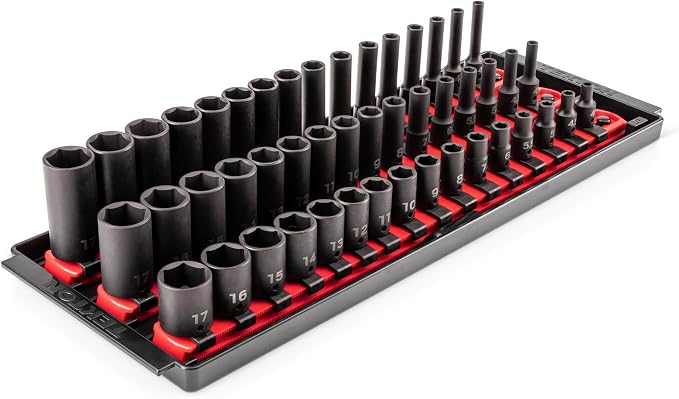 TEKTON 1/4 Inch Drive Impact Socket Set, 48-Piece | SID90112 | (4 - 17 mm), Shallow, Semi-Deep, and Deep, 6-Point, Socket Rail