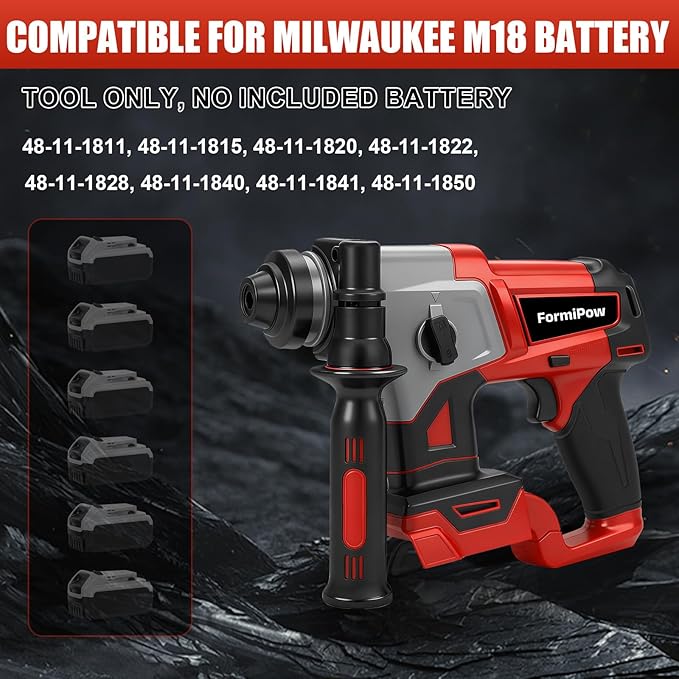 SDS-Plus Rotary Hammer Drill for Milwaukee M18 Battery, 3J Impact Brushless Rotary Hammer with 2 Mode Operation, Cordless Hammer Drill with 3 SDS Plus Bits & Chisel Set (No Battery)