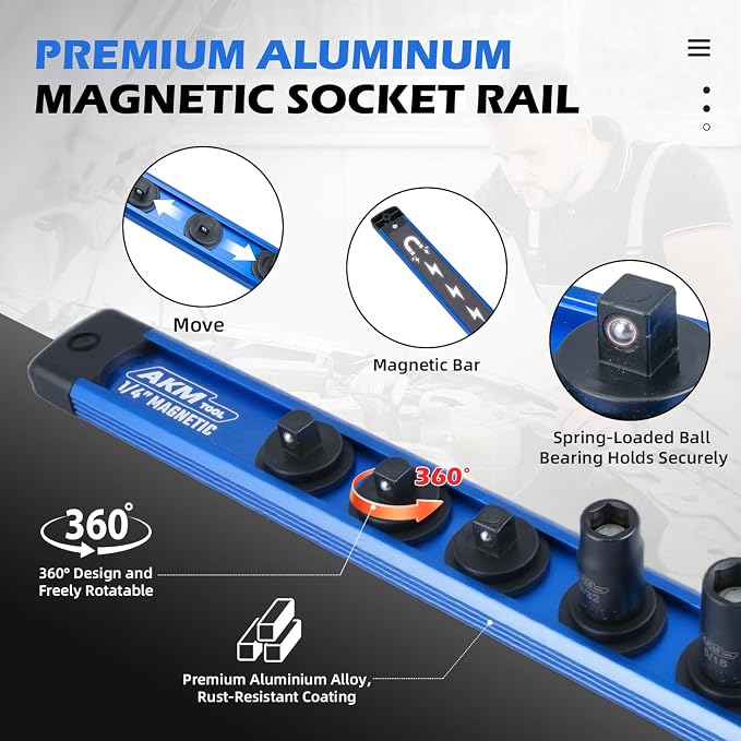1/4 Inch Drive Magnetic Impact Socket Set, 11-Piece SAE, 7/32 Inch-9/16 Inch, 6 Point, Cr-Mo, Square Drive, Magnetic Sockets with Adapter, Rail