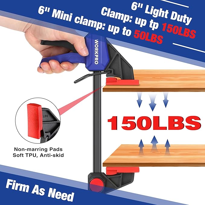 WORKPRO Mini Bar Clamps for Woodworking, 6PC One-Handed Spreader/Bar Clamp, 6-Inch (4) Light-Duty Quick-Change Wood Clamps Set and 6-Inch (2) Mini F Clamp, 150 lbs&50 lbs