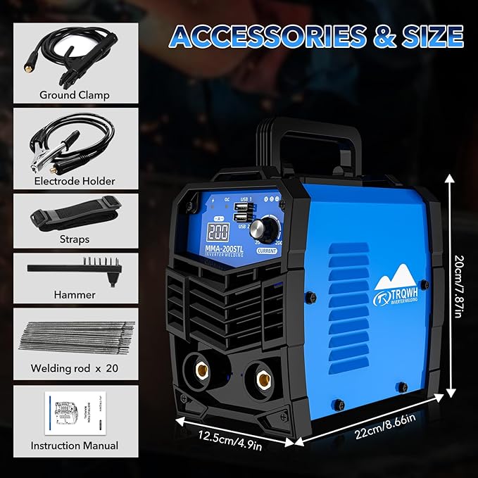 TRQWH 200A Mini Welding Machine 110V Stick Welder ARC Welder Machine IGBT Inverter MMA Welder Tig/Mig Portable Welding Machine Hot Start for Beginners and Professionals Welder