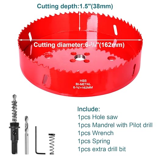 6-3/8 Inch / 162mm Hole Saw for Wood, Plastic Board, Ceiling,Drywall, and Metal Sheet - HSS Bi-Metal Hole Cutter with Pilot Drill Bit