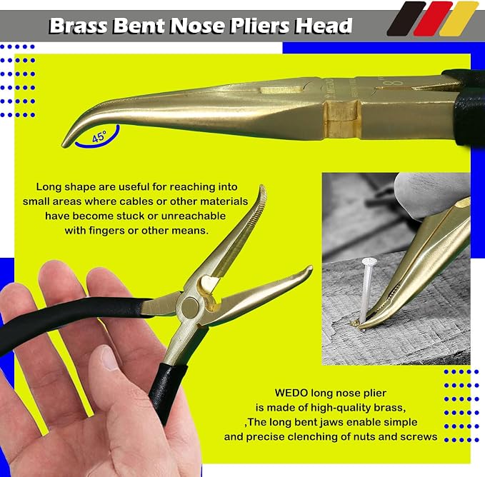 WEDO 2-Piece Brass Pliers Set, 8" Long Nose and Snipe Nose Pliers With Non-Slip Handle, Length 200mm