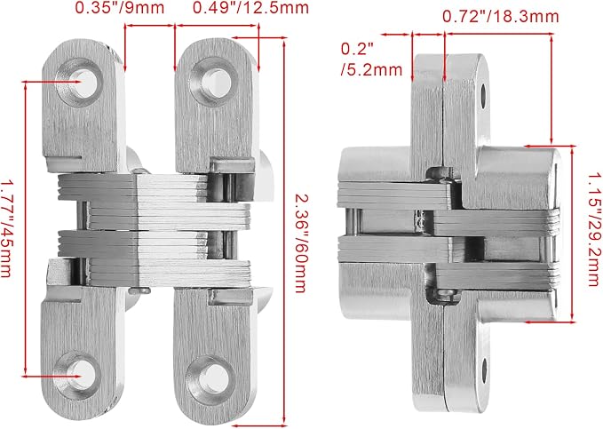 Hidden Gate Hinge 2-3/8" Stainless Steel 180 Degree Invisible Cross Hinges for Kitchen Cabinet Door Frameless Concealed Hinge with Screws, 4pcs
