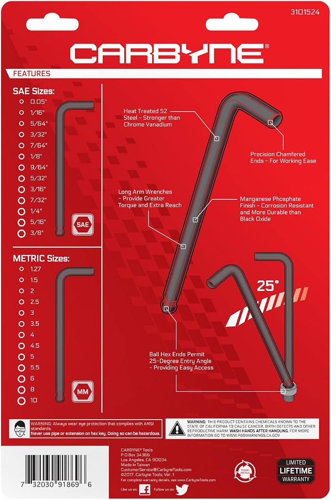 Carbyne 26-Piece Long Arm Ball End Hex (Allen) Key Wrench Set, SAE and Metric Allen Keys, S2 Steel, 0.05 to 3/8 in and 1.27mm to 10mm, For Automotive, Bicycle, Household and Furniture Repair