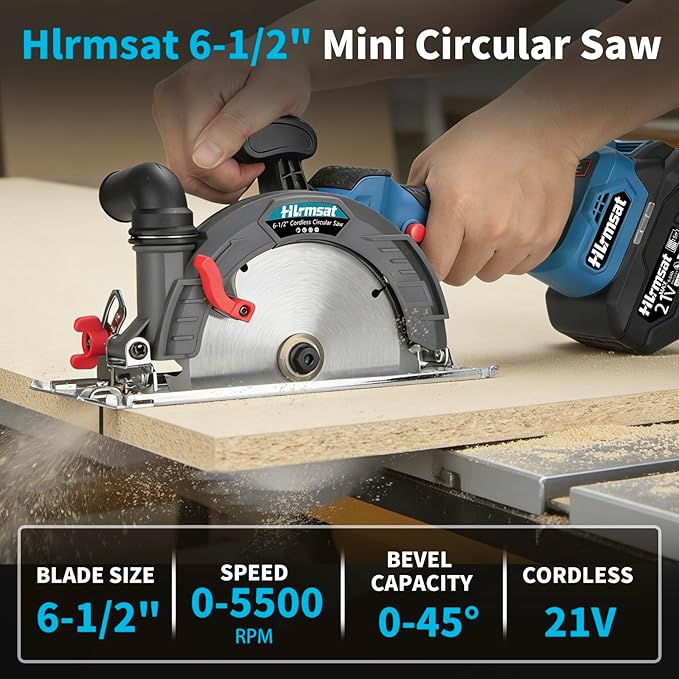 6-1/2" Cordless Circular Saw,21V Brushless Hand Circle Saw with 2 x 6.0Ah Battery & 3 Blade,5500 RPM Sierra Circular electrica 0-45° Cutting Bevel,Max Cutting Depth 2-1/4"(90°),1-7/16" (45°)