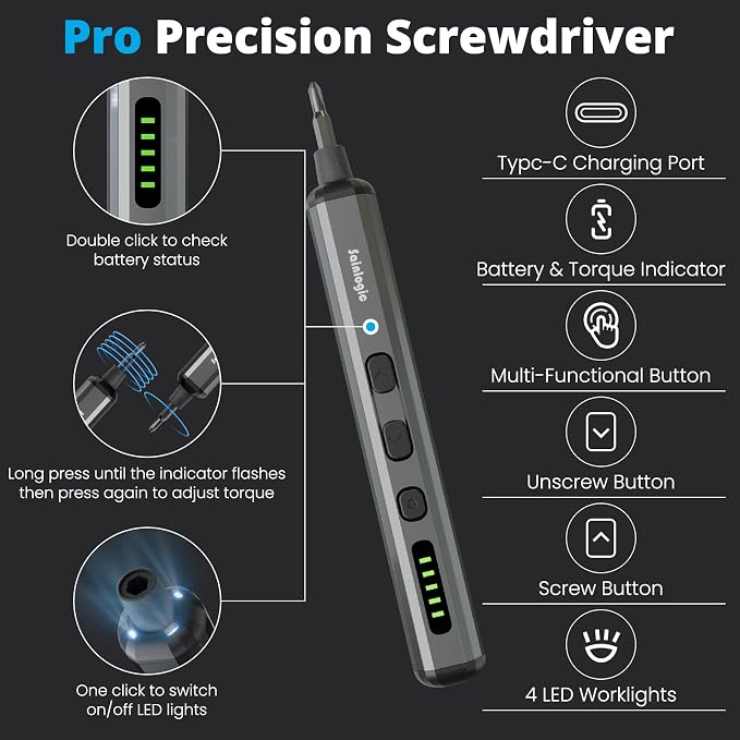 Sainlogic Electric Screwdriver, 68 in 1 Screwdriver Set, 3.7V Mini Electric screwdriver cordless 350mAh, 5 Torque Settings, 4 LED Lights, Electric Small Screwdriver Set for Phone Camera Watch, Gray