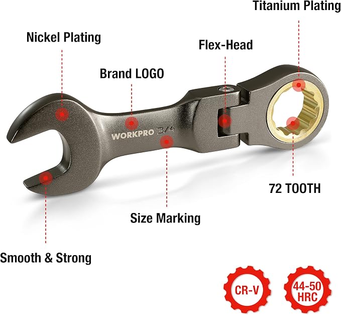 WORKPRO 8 Piece Flex Head Stubby Ratcheting Wrench Set, SAE 5/16-3/4 in | 72-tooth CR-V Wrenches with Nickel-plated Finish for Automotive, Garage and Home Repairs, Includes Rolling Pouch