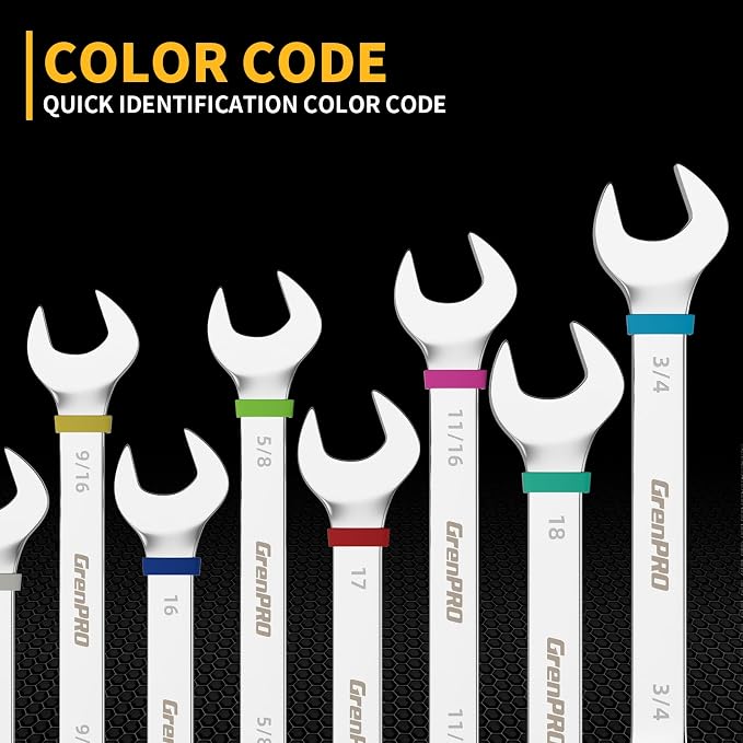 GRENPRO Ratchet Wrenches Set, 22Pcs 72-Tooth Combination Wrench Set with Roll up Pouch, SAE & Metric and Standard, 1/4" to 3/4" & 6mm to 18mm with Color Ring, CR-V Socket Mechanic Hand Tools Sets