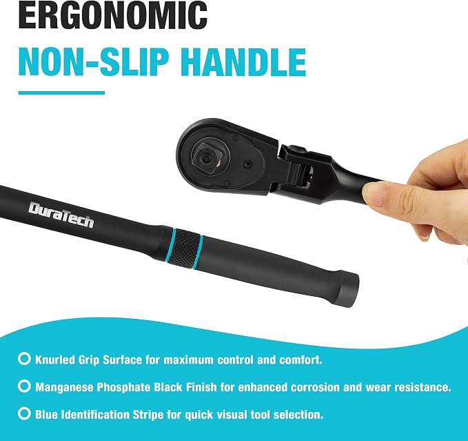 DURATECH 3/8-Inch Flex-Head Ratchet, 90-Tooth Quick-Release Ratchet Wrench | Socket Wrench with 180° Pivoting Head and 7-Position Setting, Reversible, CR-V Made, CR-MO Head, Black Mn Phosphate Finish